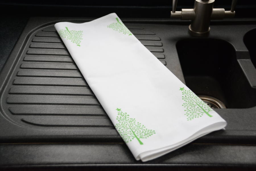 Christmas Tea Towel Hand Block Printed - Green Christmas Trees