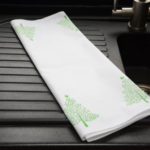 Christmas Tea Towel Hand Block Printed - Green Christmas Trees