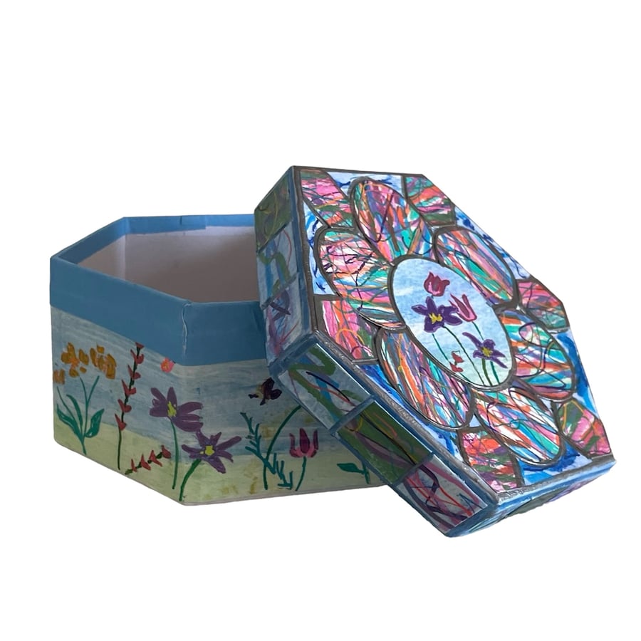 Hand Painted Hexagonal Lidded Box - floral design