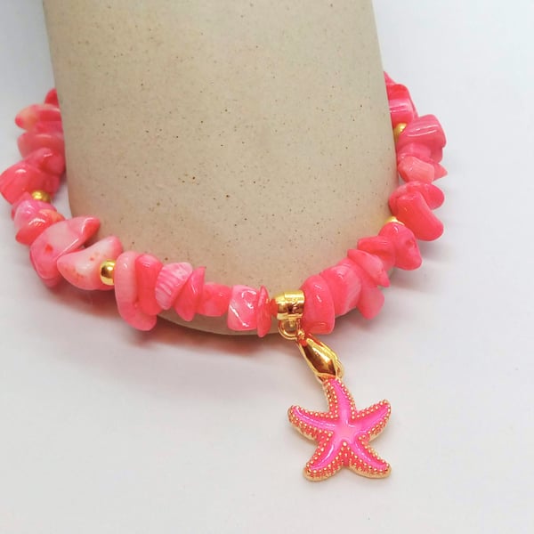 Pink Chip Bead Bracelet With A Gold Plated Pink Enamelled Charm, Gift for Her