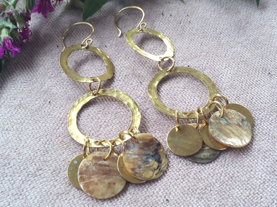 Gold Tone Shell Disc and Loop Earrings 