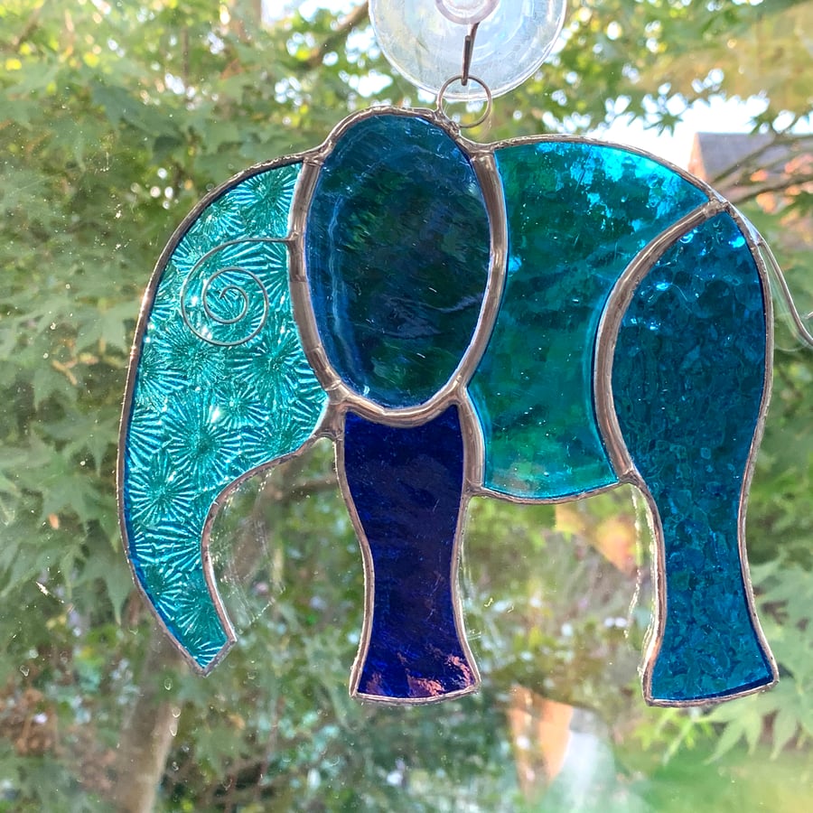 Stained Glass Large Elephant Suncatcher - Hanging Decoration - Blue Turquoise 