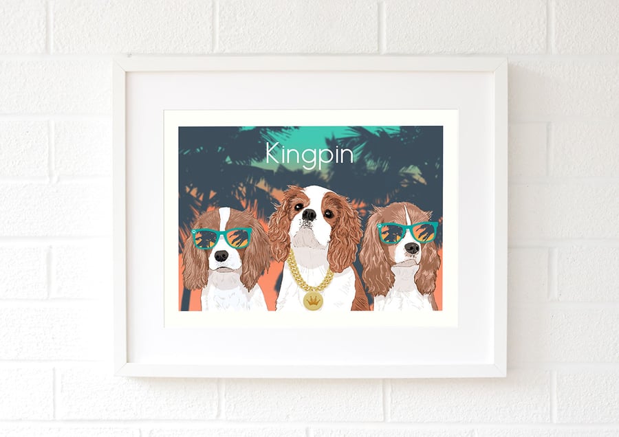 Blenheim King Charles Spaniel Gangster giclee art print - modern dog decor