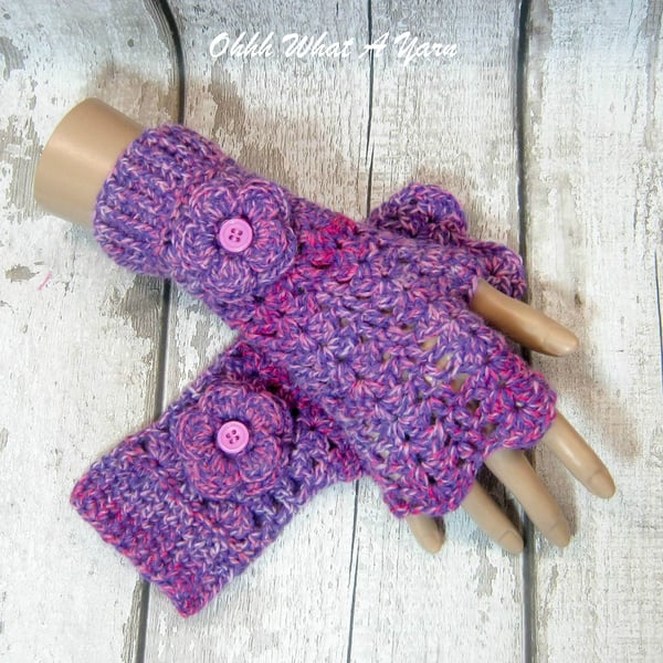 Purple and pink ladies crochet gloves, finger less gloves,wrist warmers
