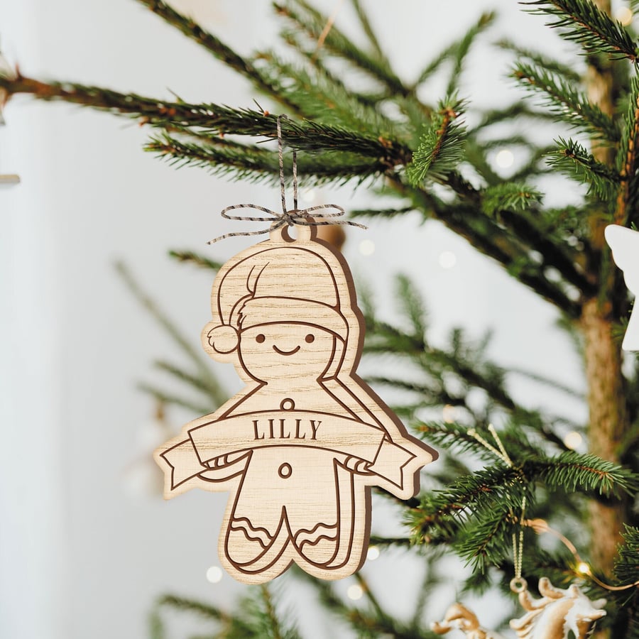 Personalised Gingerbread Man Christmas Ornament - Custom Name, Rustic Xmas Decor