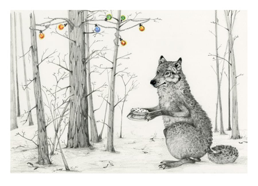 Wolf with a cake in woods A4 Giclee print