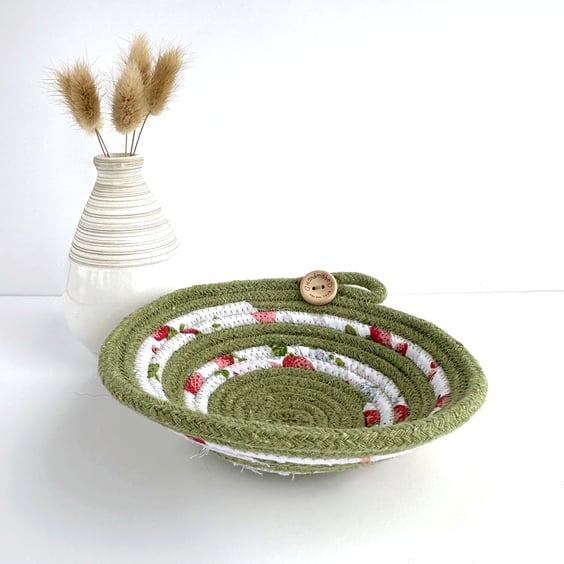 Small Coiled Rope Bowl in Sage Green with Strawberries Fabric Trim