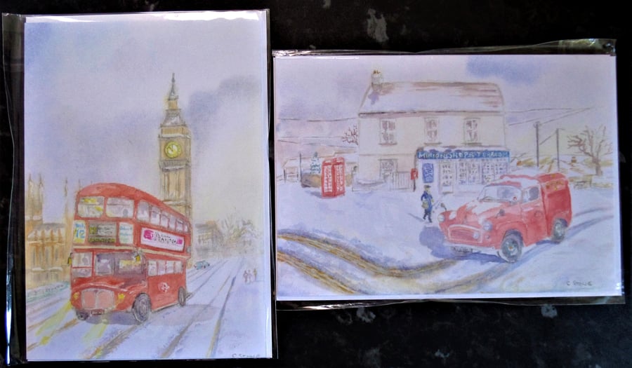 Pair of blank Christmas Winter themed cards London bus and Morris Minor mail van