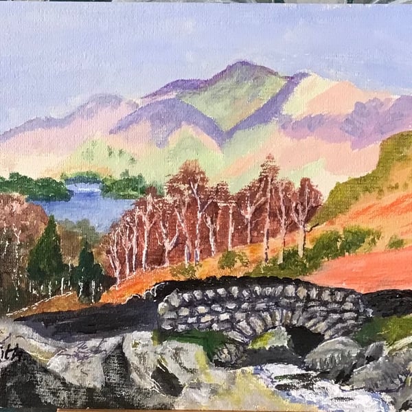 Original Acrylic painting, Ashness Bridge, Lake District 7”x 5”