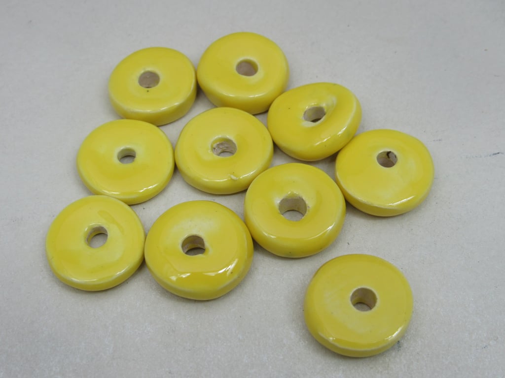 10 Medium Lemon Yellow Glazed Ceramic Washer Beads