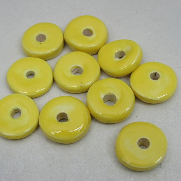 10 Medium Lemon Yellow Glazed Ceramic Washer Beads