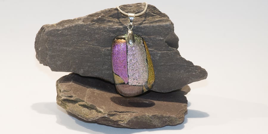  Sunset Patchwork Dichroic Fused Glass Statement Pendant on Silver Chain - 1277