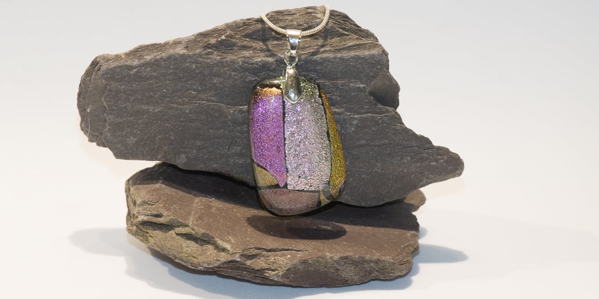  Sunset Patchwork Dichroic Fused Glass Statement Pendant on Silver Chain - 1277