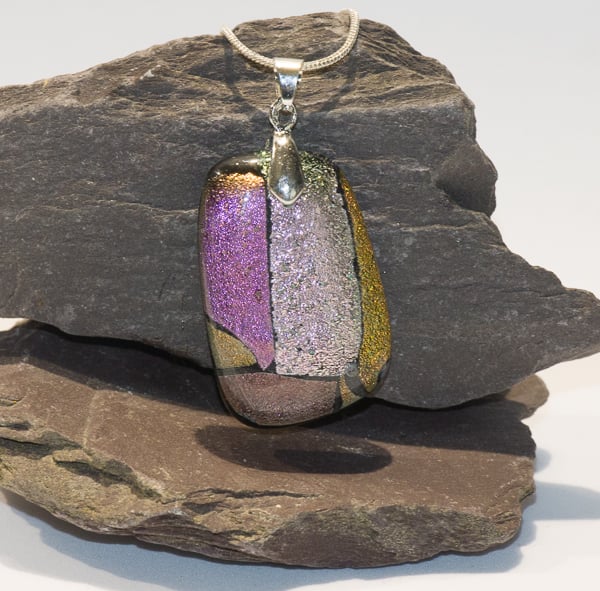  Sunset Patchwork Dichroic Fused Glass Statement Pendant on Silver Chain - 1277