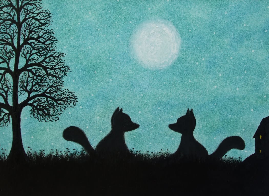 Fox Card, Moon Art Card, Two Foxes Silhouette Card, Romantic Animal Card, Tree