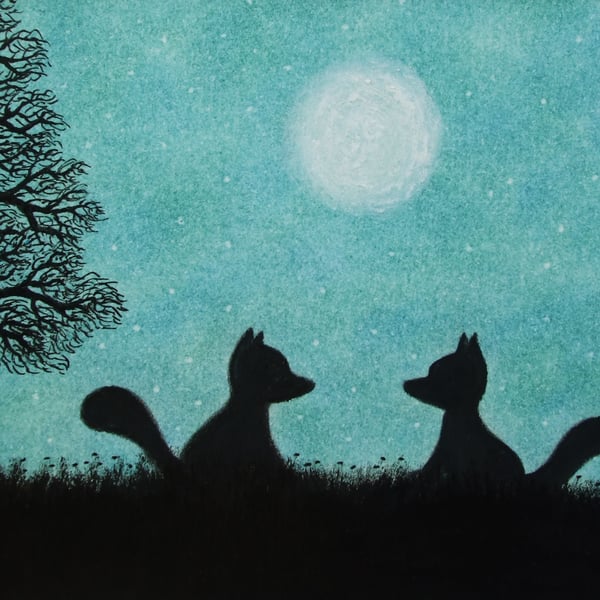 Fox Card, Moon Art Card, Two Foxes Silhouette Card, Romantic Animal Card, Tree