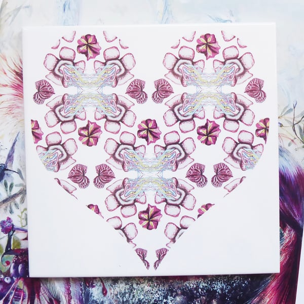 Exotic Flower Heart Shape Geometric Design Ceramic Tile Trivet with Cork Backing