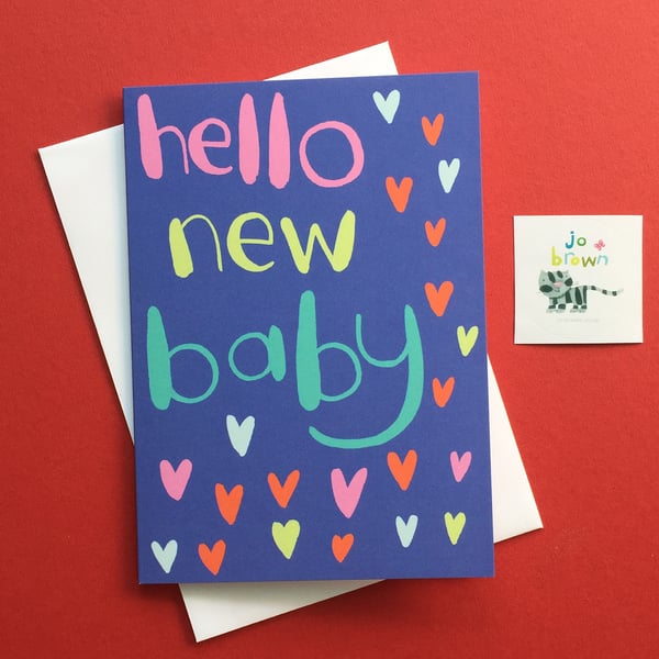 Hello New Baby card in blue by Jo Brown