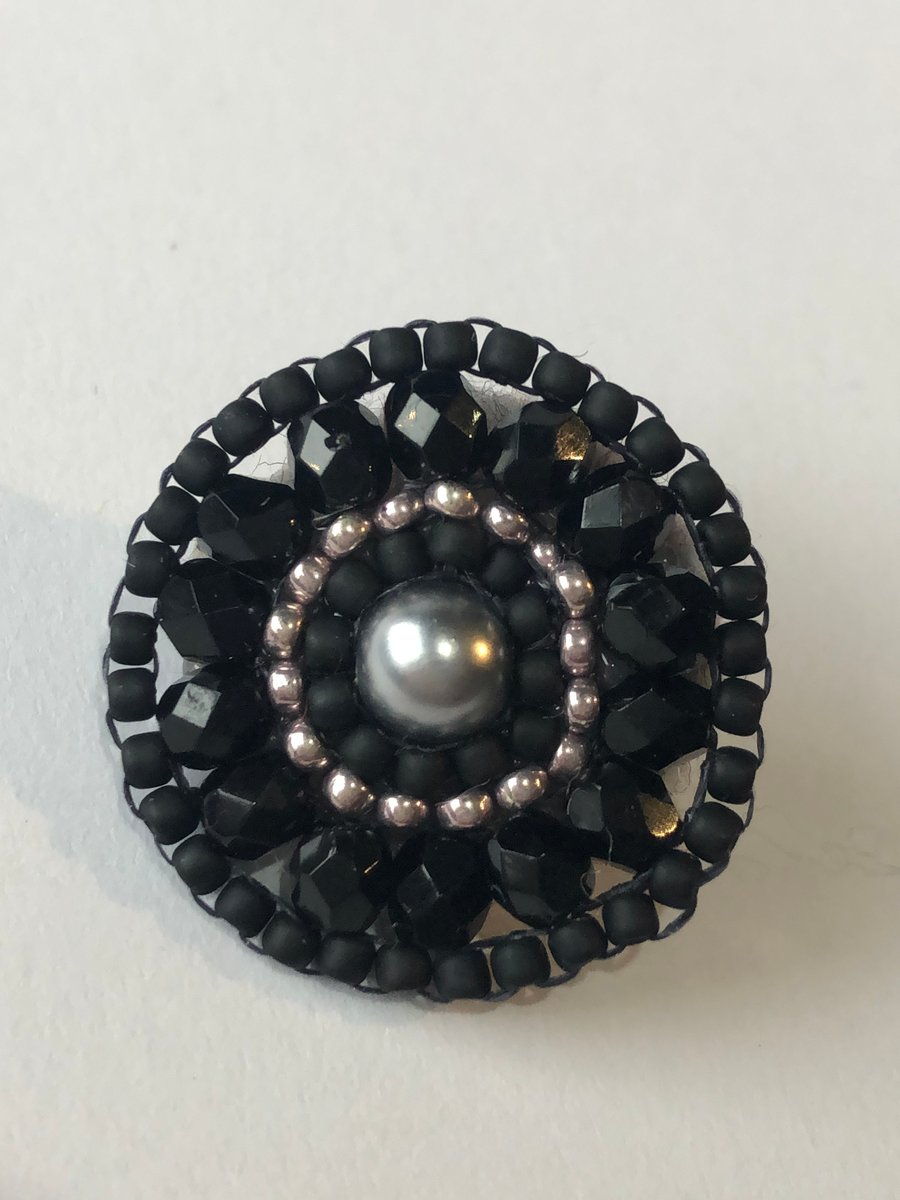 Tiny stylish handmade brooch with crystals and pearls