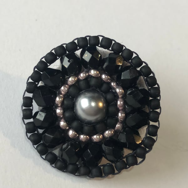 Tiny stylish handmade brooch with crystals and pearls