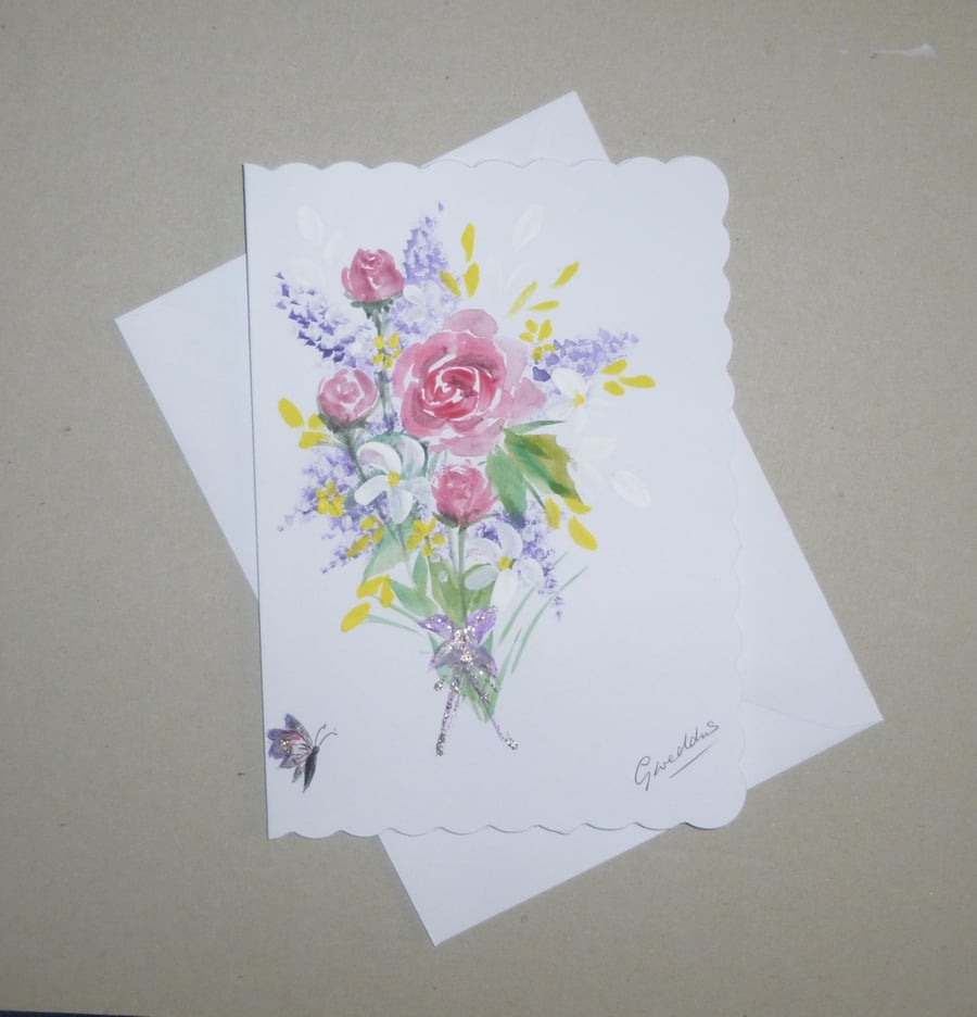 hand painted watercolour rose greetings card ( ref FA 372 D1 )