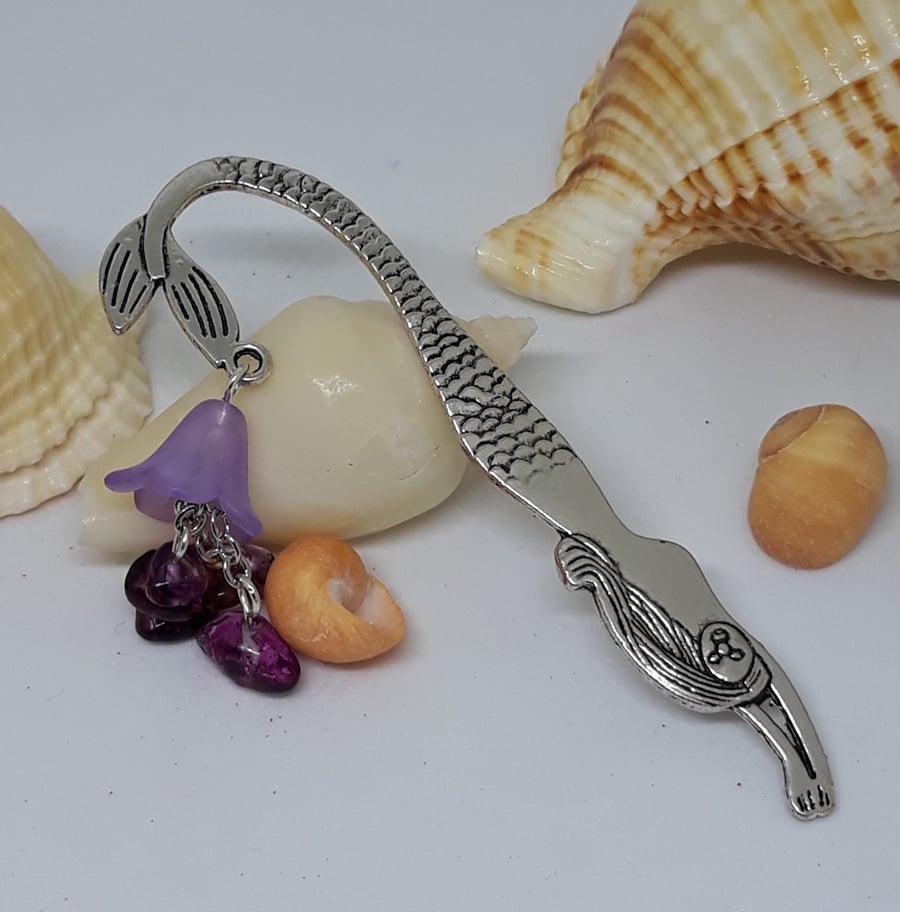SM25 mermaid bookmark with purple lucite flower and chip beads