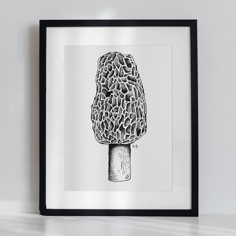 Black & White Botanical Morel Mushroom Art Print Hand-Drawn A5 Illustration