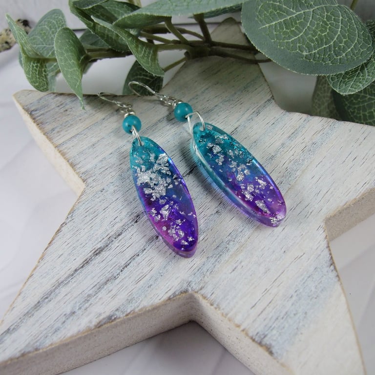 Earrings, Sterling Silver and Resin Art. Turquoise & Purple 