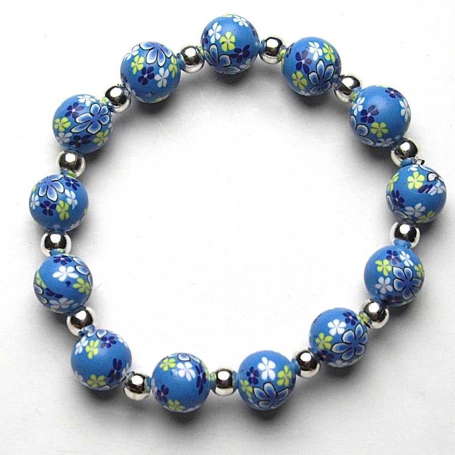Blue Floral Polymer Bead Bracelet
