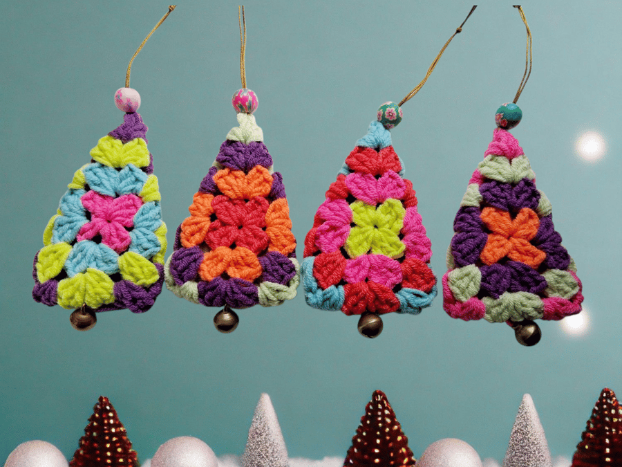Handmade colourful crochet retro Christmas tree decorations 