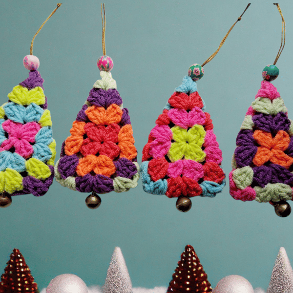 Handmade colourful crochet retro Christmas tree decorations 