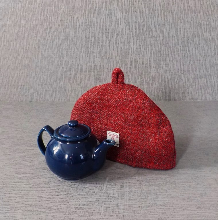 Harris Tweed small tea cosy, red grey herringbone 2 cup teapot fabric cover