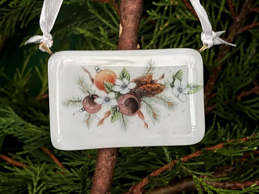 Unique Handcrafted Christmas Card with Artisan Fused Glass baubles and acorns 