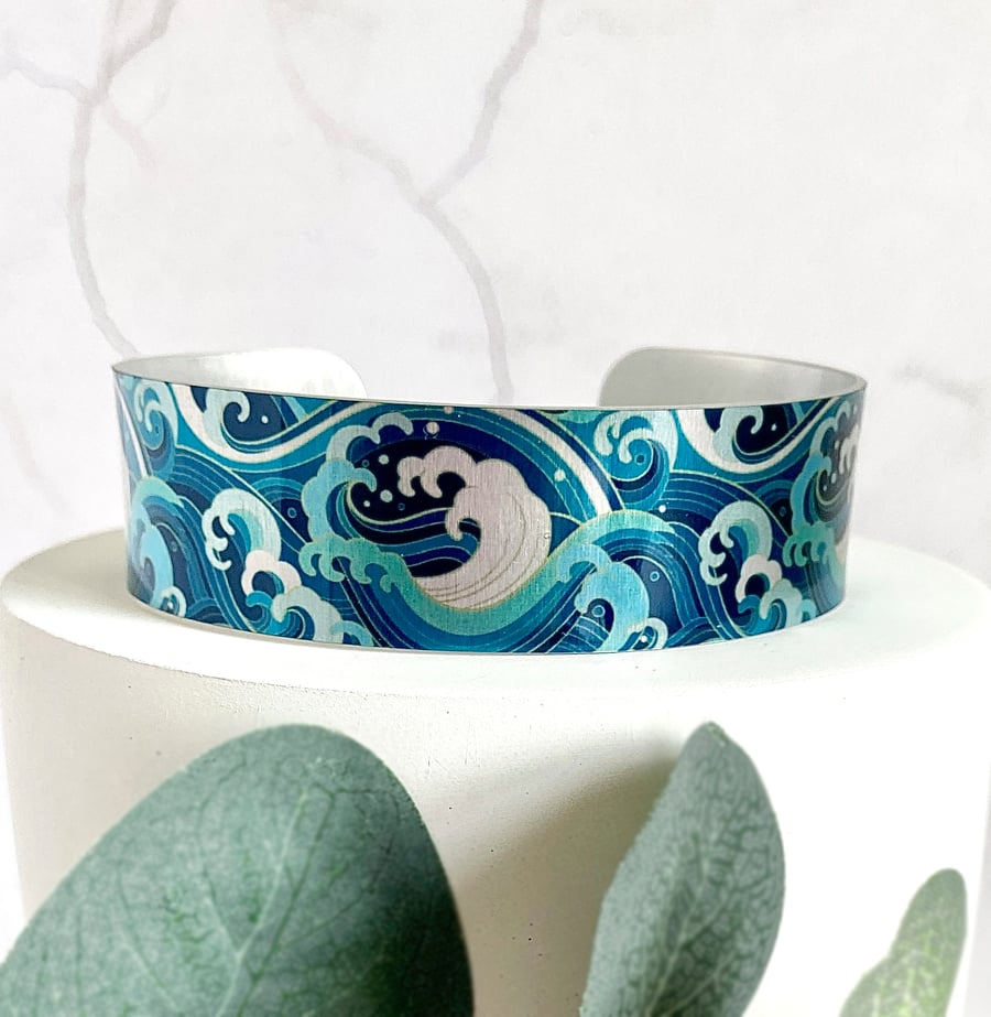 Teal ocean cuff bracelet, metal bangle with sea surf and waves (594)            