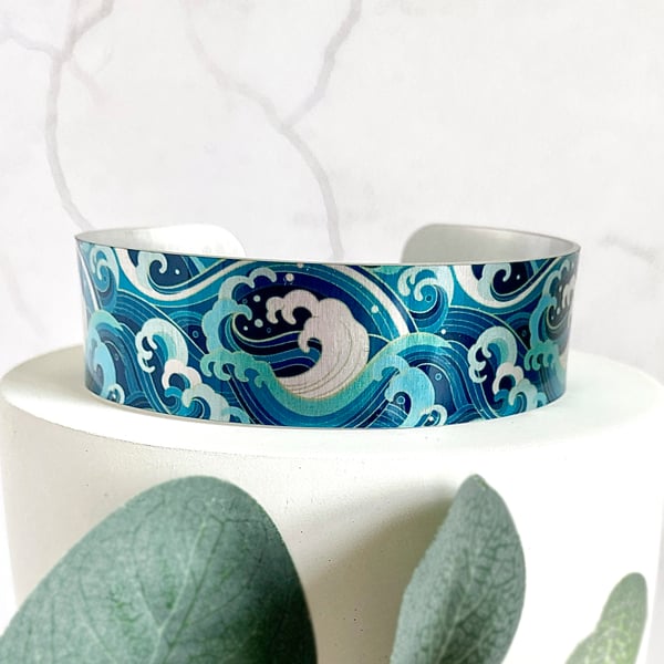 Teal ocean cuff bracelet, metal bangle with sea surf and waves (594)            