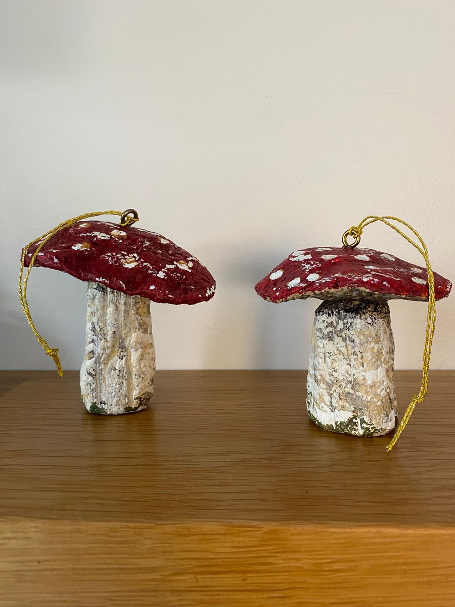 Pair of hanging Mushroom Toadstool paper mache fly agaric fungi decorations
