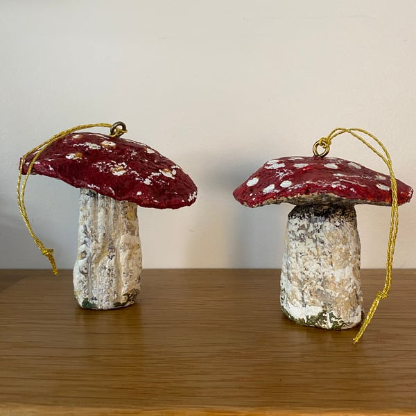 Pair of hanging Mushroom Toadstool paper mache fly agaric fungi decorations