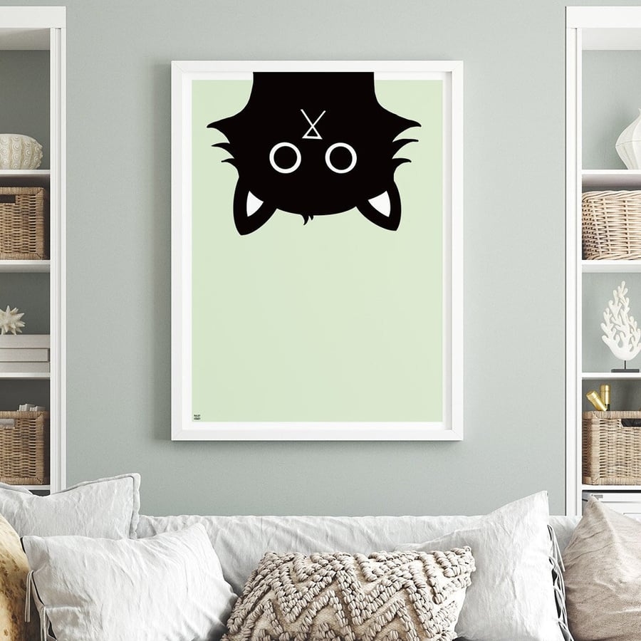 Black Cat Print, Cute Cat Wall Art, Curious Cat 3, Cat Decor, Cat Gifts, A4