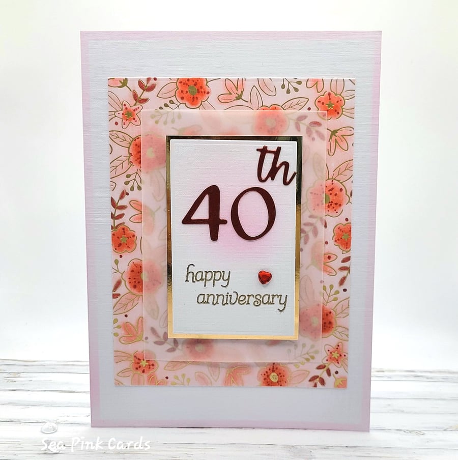 40th Anniversary Card - ruby wedding anniversary, floral, layered, textured