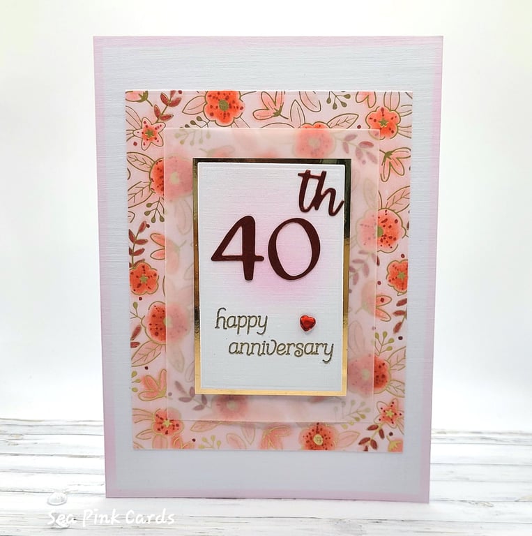 40th Anniversary Card - ruby wedding anniversary, floral, layered, textured