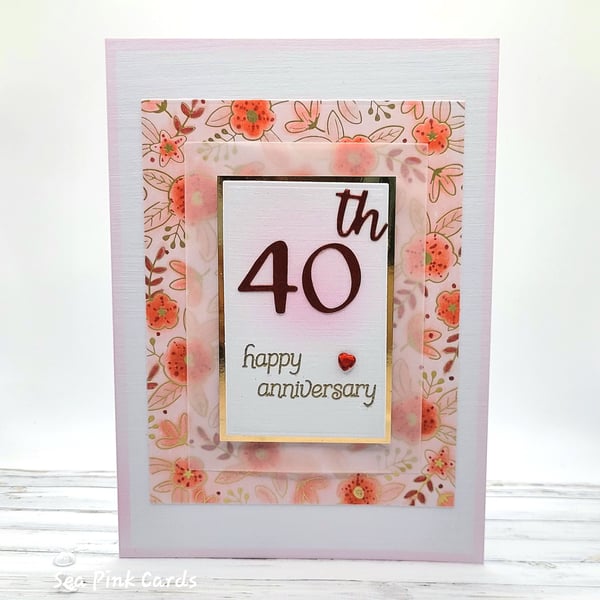 40th Anniversary Card - ruby wedding anniversary, floral, layered, textured