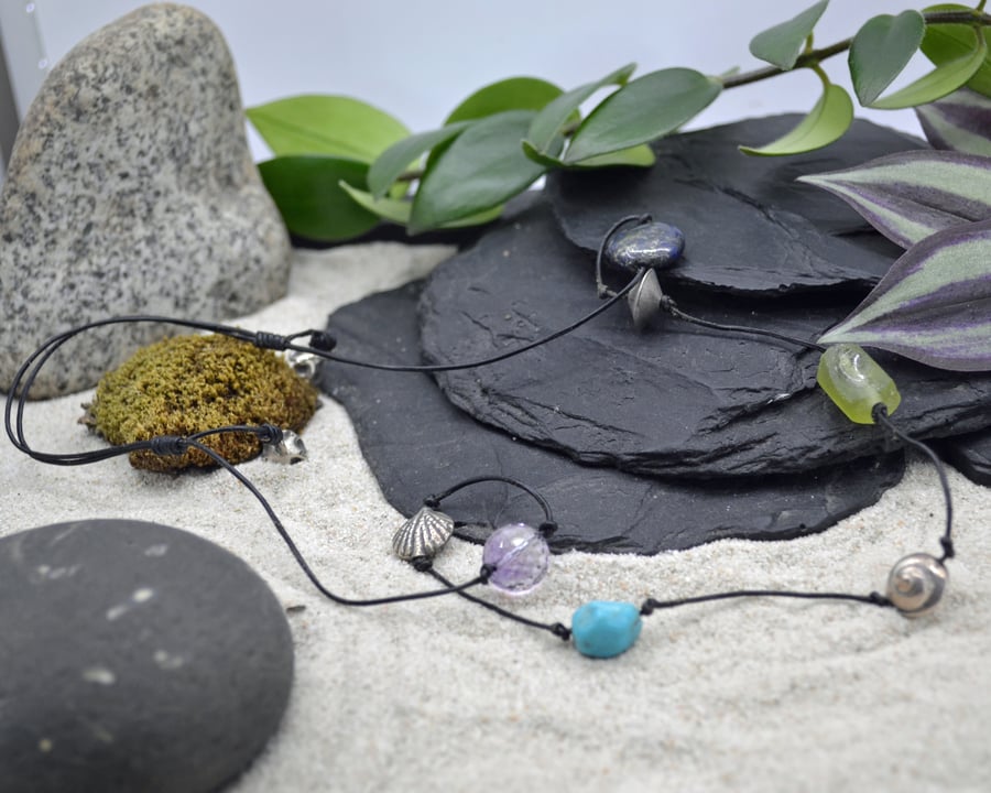 Leather Gemstone and Silver Boho Beach Necklace