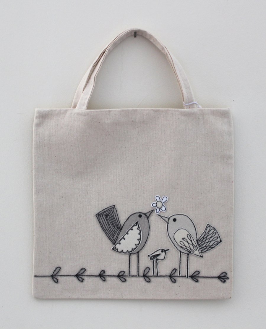 Lined Mini Tote Bag with Birdies and Two Flowers