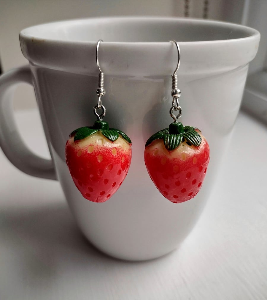 Strawberry Earrings, Charms, Cute, Fun, Quirky, Unique, Gift for her, Fruit