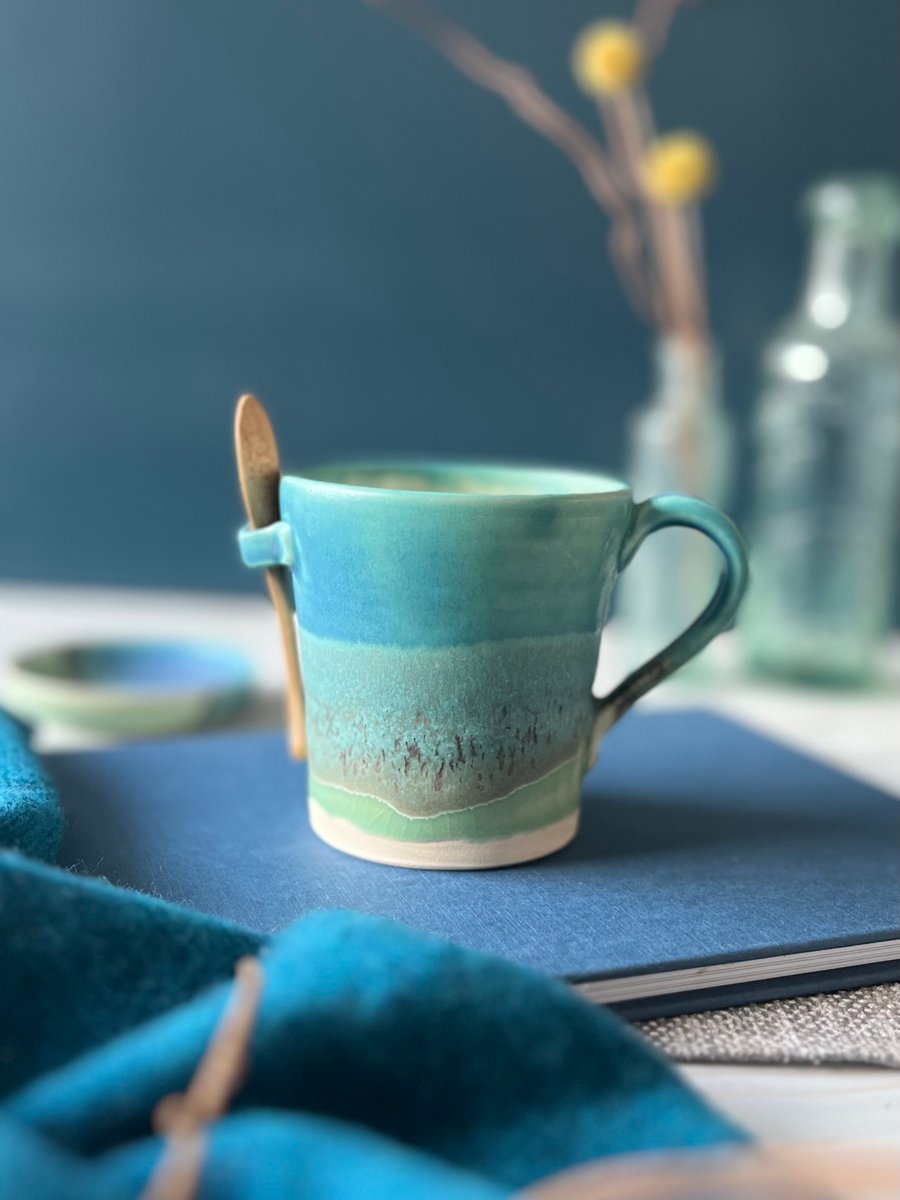 Handmade ceramic hot chocolate mug - Turquoise and blues