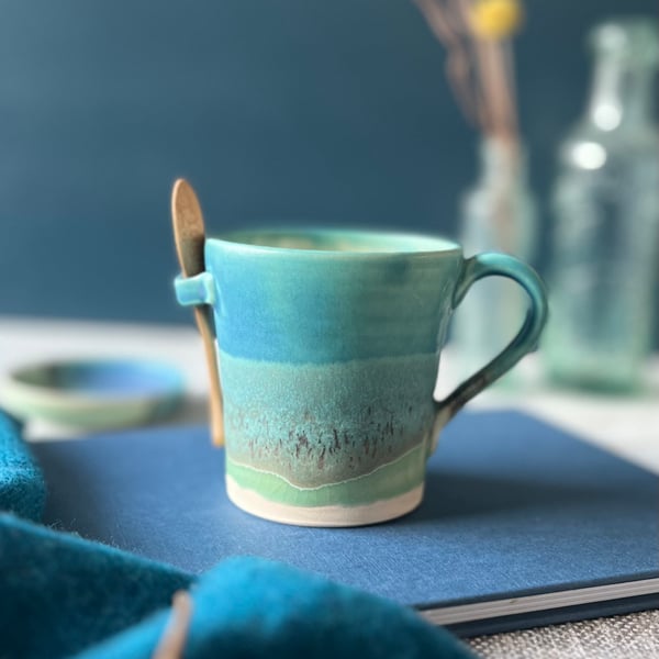 Handmade ceramic hot chocolate mug - Turquoise and blues
