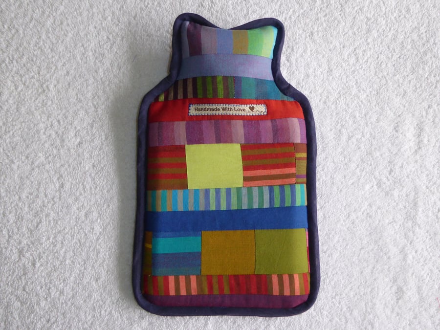Patchwork Hot Water Bottle Cover. Stripes and Squares
