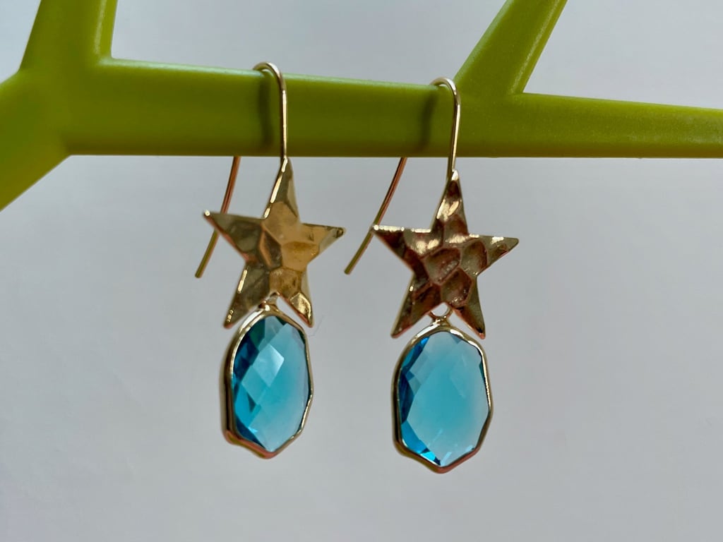 Star crystal drop earrings aquamarine glass beautiful retro