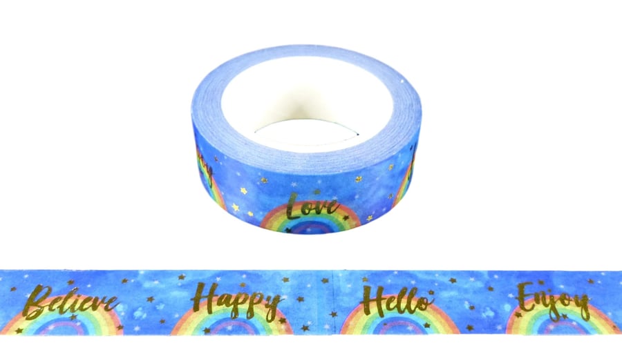 Rainbow Washi Tape UK with Inspirational Words and Stars in Gold Foil 15mm x 10 
