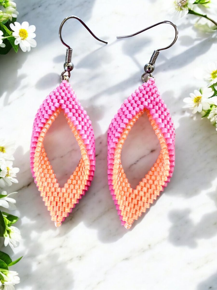 Peyote Drop Earrings - Rose Pink and Sherbet Orange